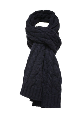 Cashmere knitted double cable scarf navy