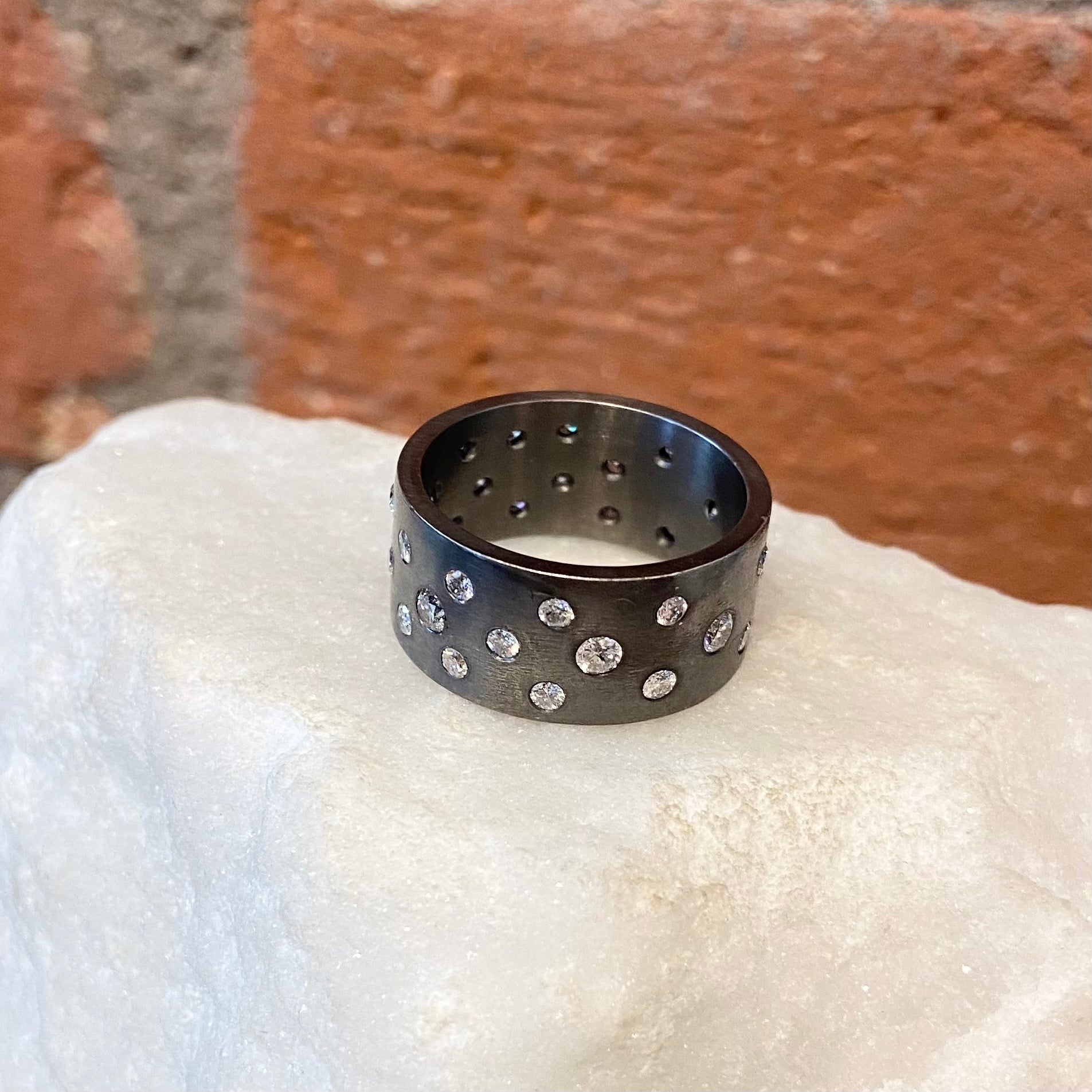 EYG Collection Black Rhodiumed Silver and Diamond Wide Band