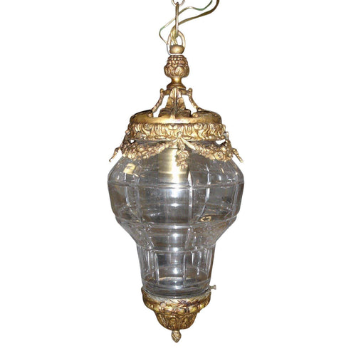 19th Century French Brass Chandelier with Amber Crystals - 6 Light