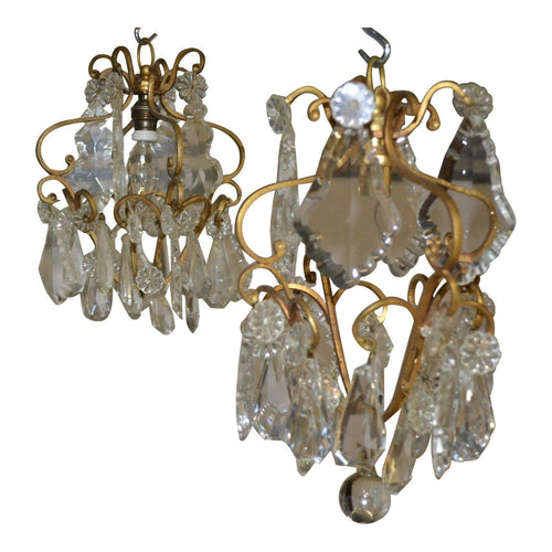 19th Century French Brass Chandelier with Amber Crystals - 6 Light