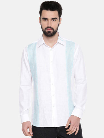 mens white linen shirt with blue pattern