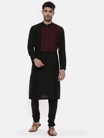 Mayank Modi - Men Linen Printed Kurta, Black, Linen, Round, Full