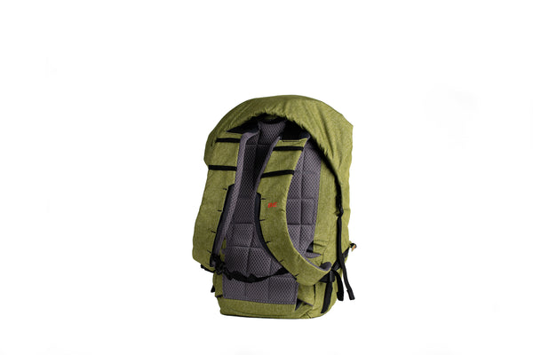 Look at back panel and shoulder straps of green backpack