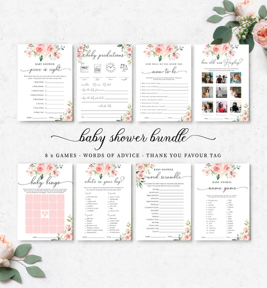 Darcy Floral Pink  Printable Bridal Shower Games Bundle Template – Black  Bow Studio
