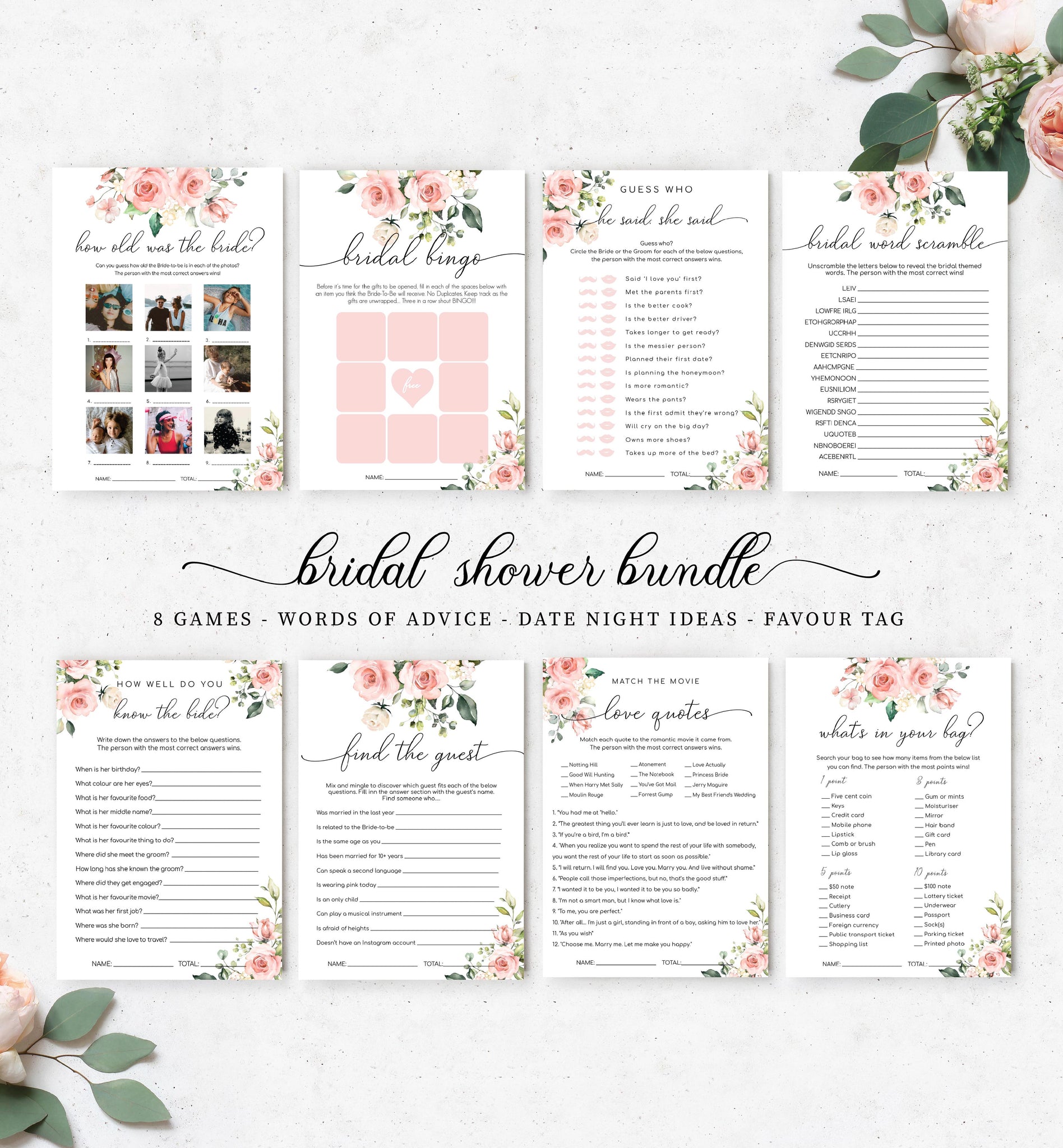 Darcy Floral Pink | Printable Bridal Shower Games Bundle – Black Bow Studio