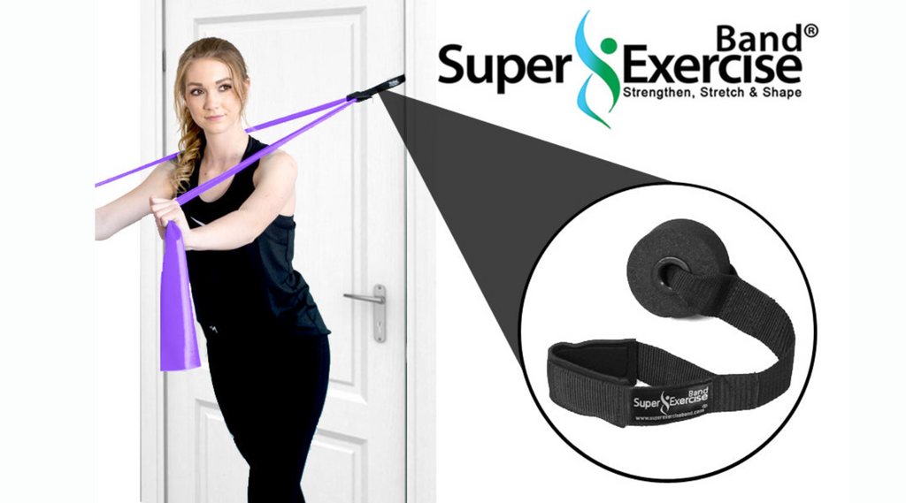 A resistance band and resistance band door anchor from Super Exercise Band.