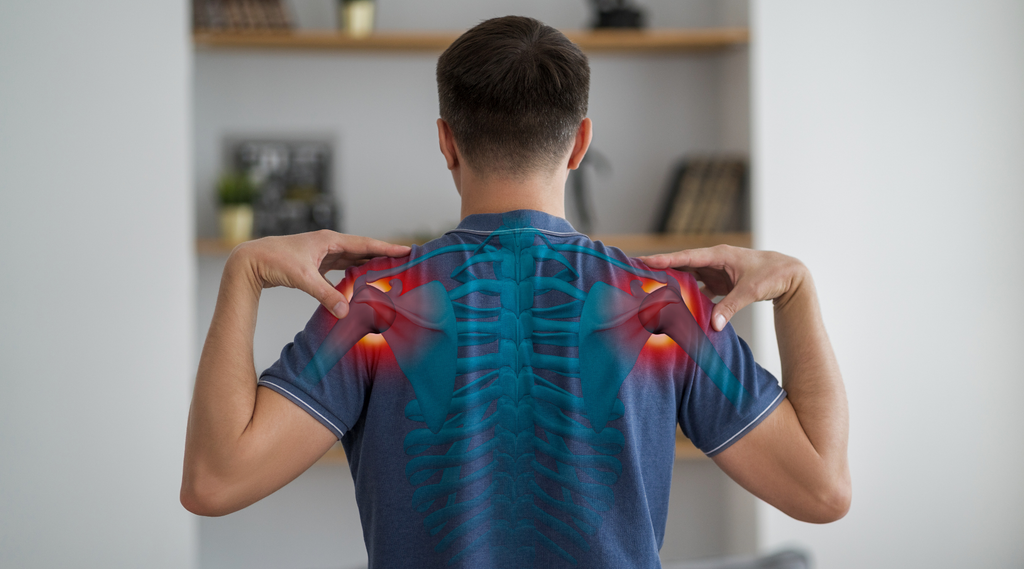 Photo of a male, with the anatomy of his shoulders, demonstrated by showing his back and shoulders muscles are being shown through and edit.