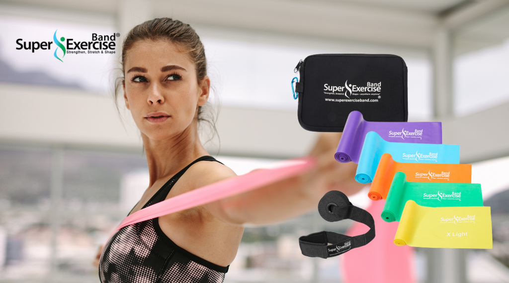 Woman showcasing high quality resistance bands from Super Exercise Band.