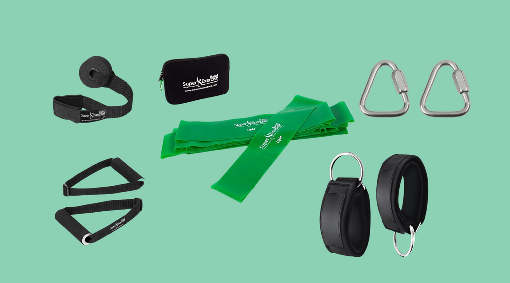 A set or resistance band accessories that includes a door anchor, handles, a carry pouch, carabiners, and ankle straps.