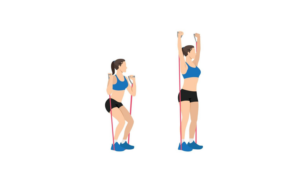 Squat with overhead press as a part of a whole body exercise routine using resistance bands.