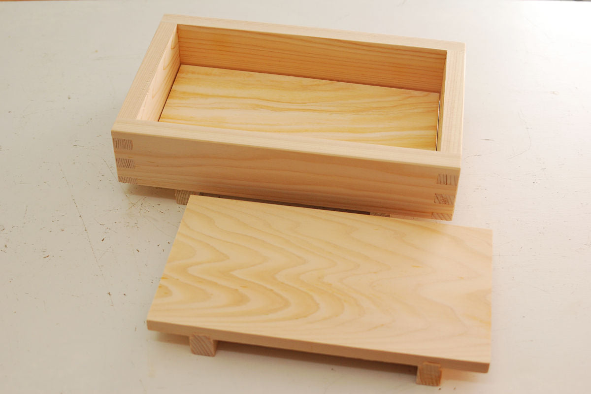 A pressed sushi mold consists of 2 parts – outer box, bottom plate and top plate.