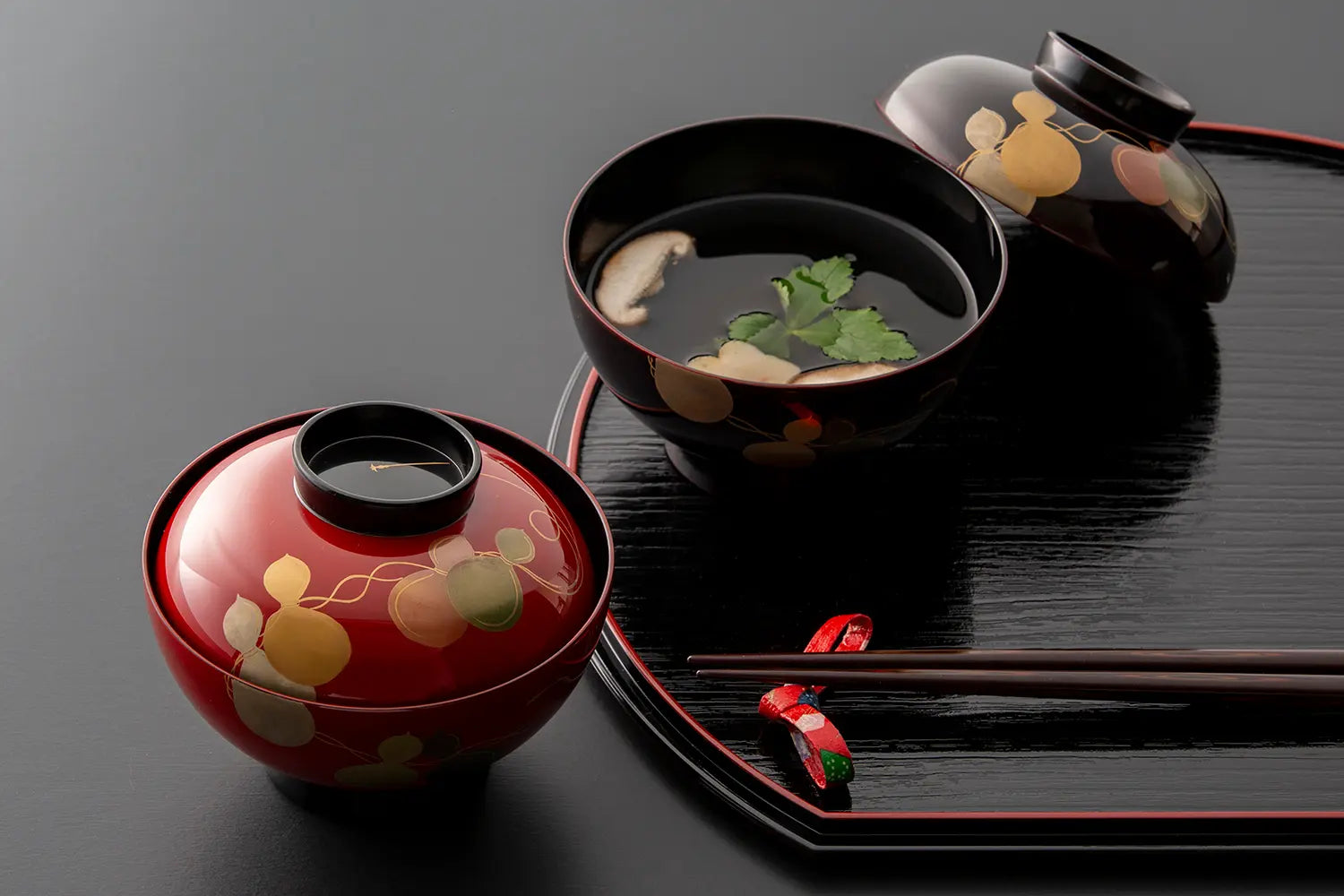 Lacquerware comes in different forms: soup bowls for serving miso soup, rice bowls, multi-tiered Jubako boxes for serving Japanese New Year dishes, small plates, and teacups etc.