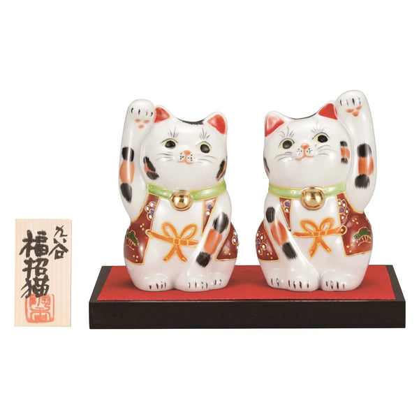 Kutani Ware Porcelain Pair Figurine Maneki-Neko 3.5-Go