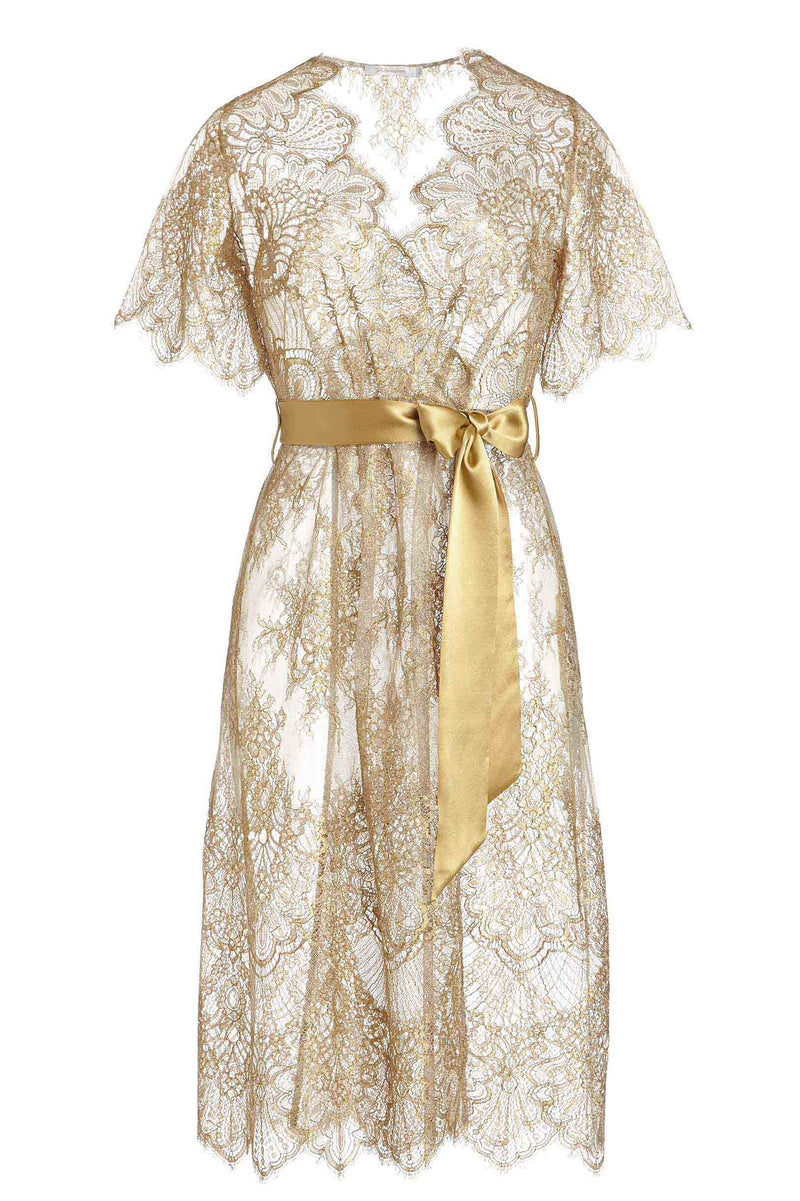 Harlow Midi lace robe with flutter sleeves in Gold ...