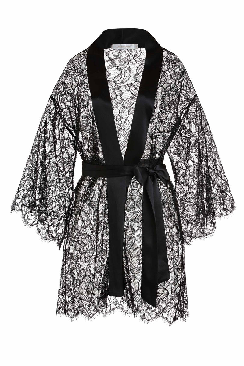 Tulip French lace & silk bridal kimono robe in black ...