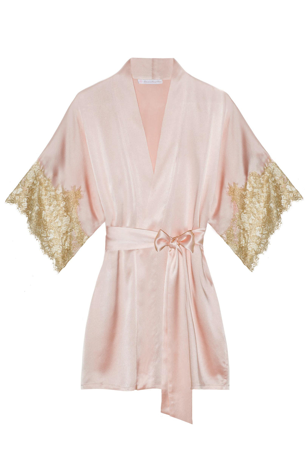 Tara Gilded Silk Kimono robe in Blush pink + gold lace ...
