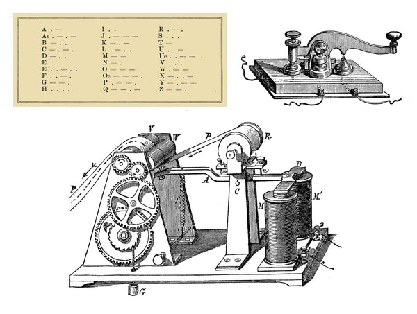 A vintage illustration featuring Morse code key equipment on the right, and an alphabet chart showing letters with their corresponding Morse code signals on the left.