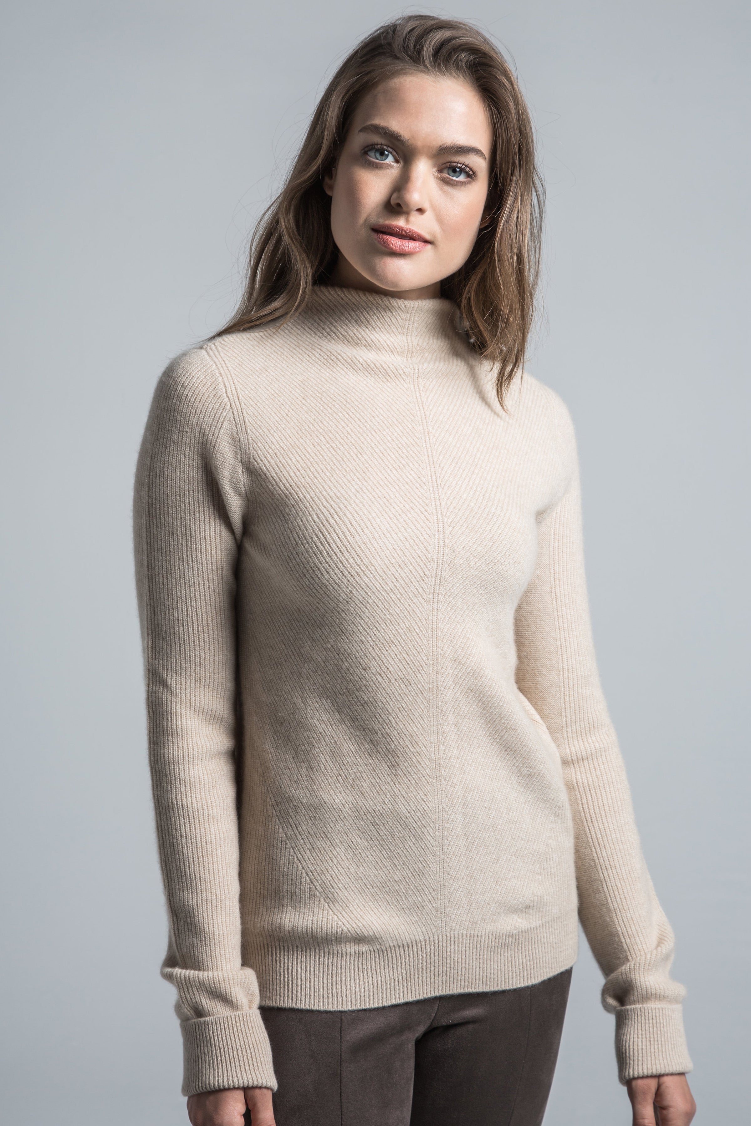 Leah Cashmere Mock Neck Sweater - Tan | Pine Cashmere