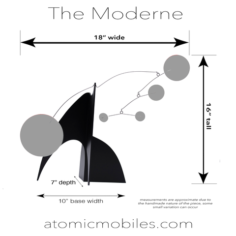 Mesures pour les mobiles de table The Moderne Art Stabile en acrylique plexiglas exotique - fabriqués à la main à Los Angeles par AtomicMobiles.com