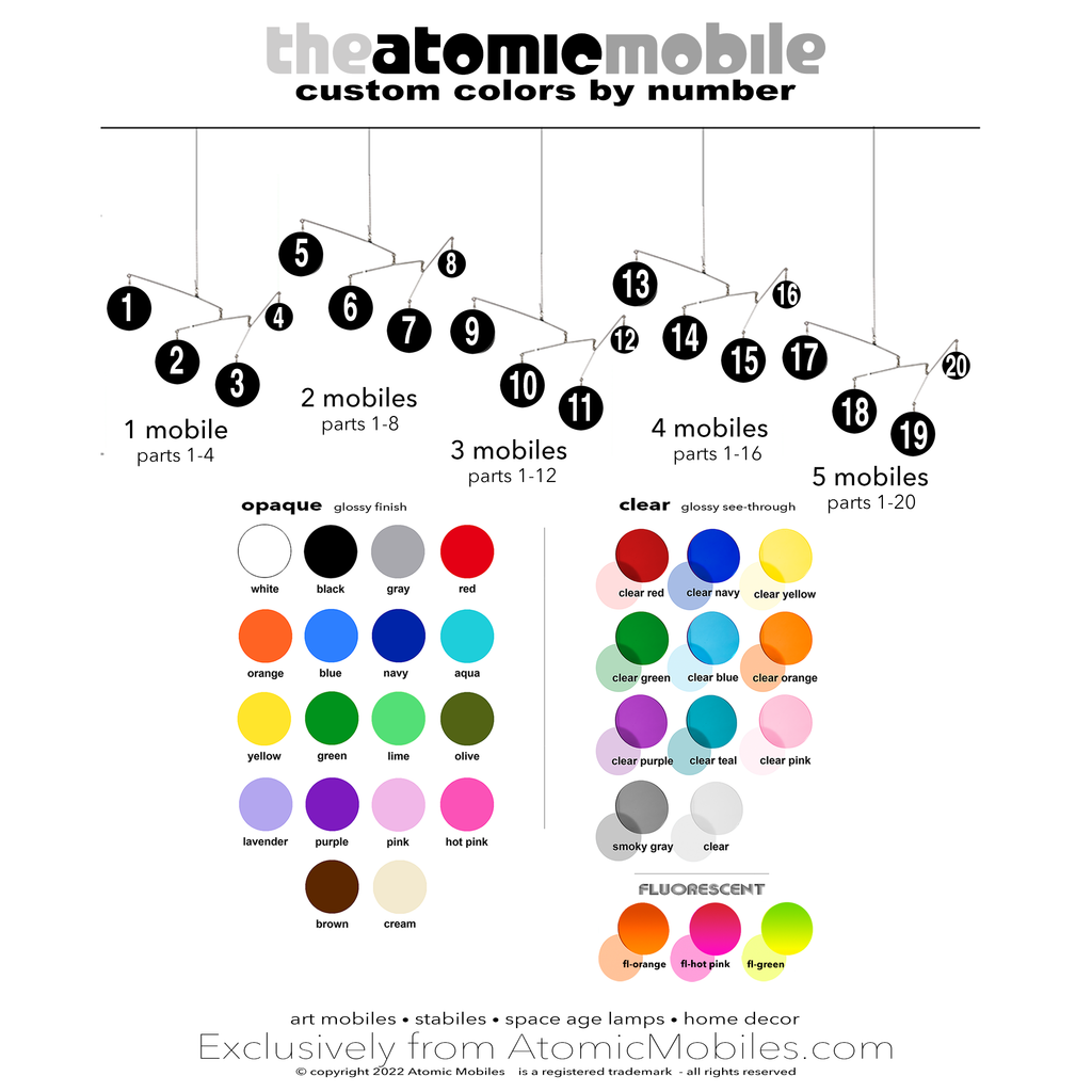 Color Chart for XL Jetsetter Mid Century Modern Retro Atomic Mobiles hanging kinetic art by AtomicMobiles.com