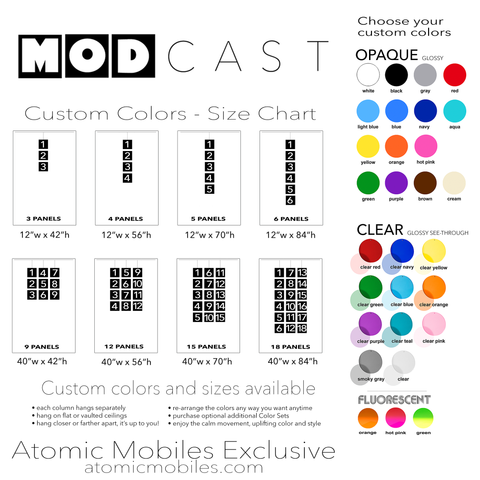 Nuancier MODcast - mobiles architecturaux de luxe pour l'extérieur et l'intérieur en 29 belles couleurs et tailles personnalisées - par AtomicMobiles.com
