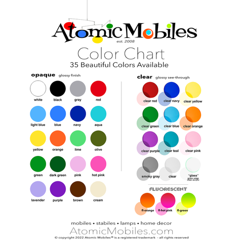 Nuancier pour les sélections de couleurs personnalisées RotaMoblies - mobiles d’art suspendus Space Age par AtomicMobiies.com