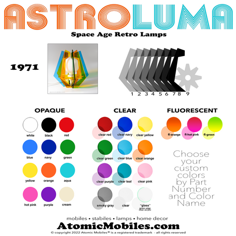 Tabla de colores ASTROLUMA 1971 para seleccionar colores personalizados para su lámpara de la era espacial de AtomicMobiles.com