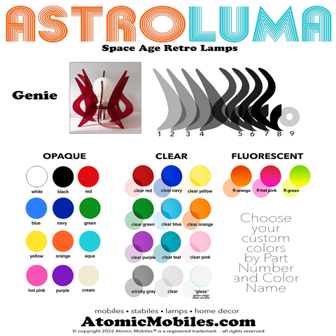 Tabla de colores ASTROLUMA 1971 para seleccionar colores personalizados para su lámpara de la era espacial de AtomicMobiles.com