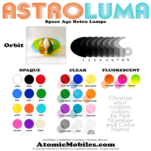 Tabla de colores ASTROLUMA Orbit para seleccionar colores personalizados para su lámpara de la era espacial de AtomicMobiles.com