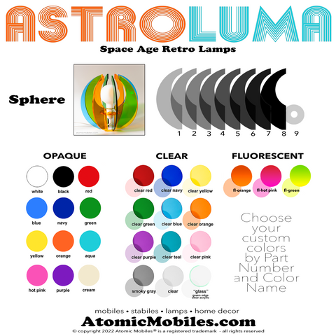 Tabla de colores de esferas ASTROLUMA para seleccionar colores personalizados para su lámpara de la era espacial de AtomicMobiles.com