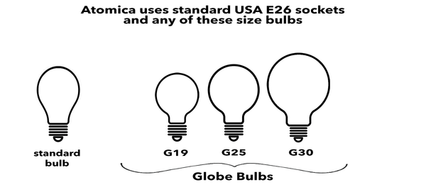 Light bulb sizes for ATOMICA Space Age Lamp by AtomicMobiles.com