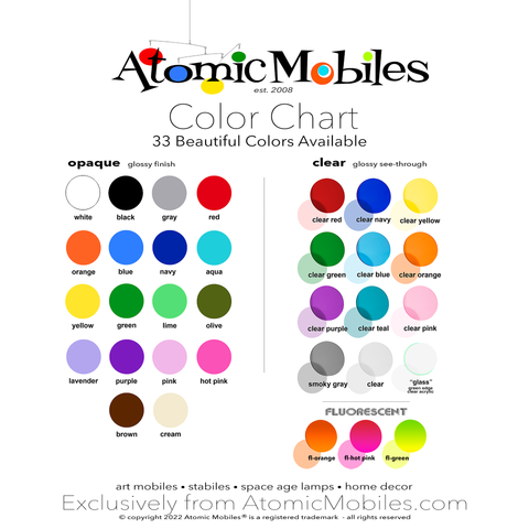 Atomic Mobiles Color Chart for ROTAMobiles Pendant Hanging Art Mobiles by AtomicMobiles.com