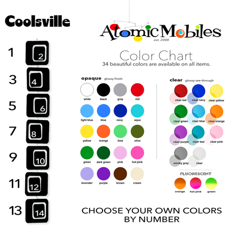 Coolsville Vertical Hanging Art Mobiles Color Chart featuring 34 acrylic plexiglass colors by AtomicMobiles.com