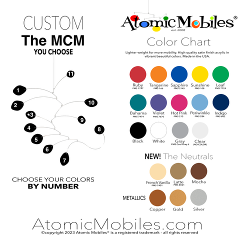 THE MCM Hanging Art Mobile Color Chart - choose from 20 beautiful colors - kinetic mid century modern art mobiles by AtomicMobiles.com