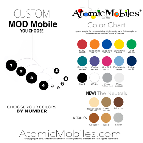 MOD Mobile Hanging Art Mobile Color Chart - choose from 20 beautiful colors - kinetic mid century modern art mobiles by AtomicMobiles.com