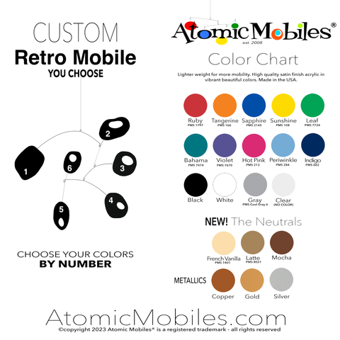 RETRO Hanging Art Mobile Color Chart - choose from 20 beautiful colors - kinetic mid century modern art mobiles by AtomicMobiles.com