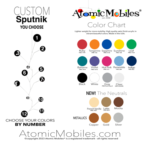 SPUTNIK Hanging Art Mobile Color Chart - choose from 20 beautiful colors - kinetic mid century modern art mobiles by AtomicMobiles.com