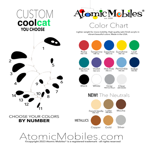 Nuancier pour les mobiles d’art suspendus CoolCat dans les couleurs personnalisées que vous choisissez par AtomicMobiles.com