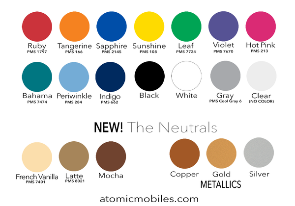 Color Chart for MCM Mobiles - 20 beautiful acrylic colors - by AtomicMobiles.com