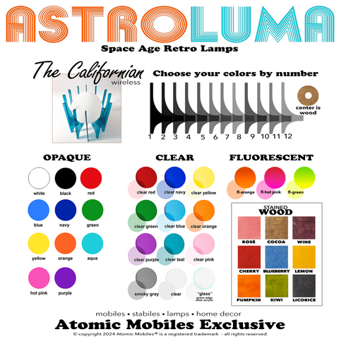 Color Chart for The Californian Space Age Lamp - wireless lighting in mid century modern style by AtomicMobiles.com