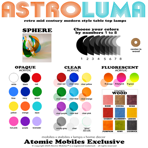 Color Chart for ASTROLUMA Sphere Space Age Retro Lamp by AtomicMobiles.com
