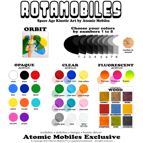 Color Chart for ROTAMOBILES kinetic hanging art mobiles including acrylic plexiglass colors and wood colors by AtomicMobiles.com