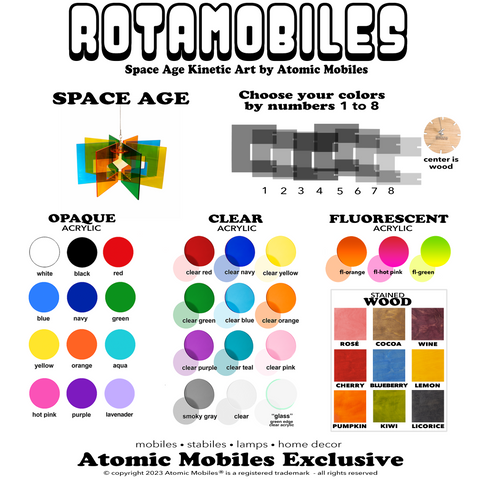 Color Chart for Space Age RotaMobiles - custom colors for hanging art mobiles - by AtomicMobiles.com
