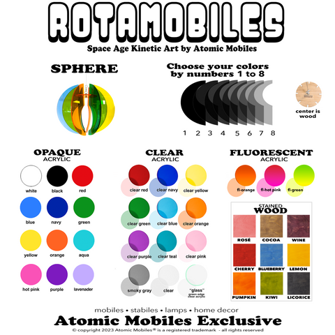 Color Chart for RotaMoblies Sphere Custom Colors Selections - hanging Space Age art mobiles by AtomicMobiies.com