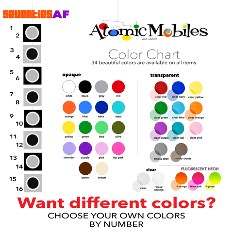 Color Chart for SEVENTIES AF XL Hanging Art Mobiles by AtomicMobiles.com