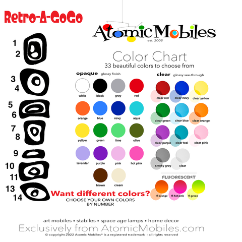 Color Chart for Retro-A-GoGo Vertical Art Mobile by AtomicMobiles.com