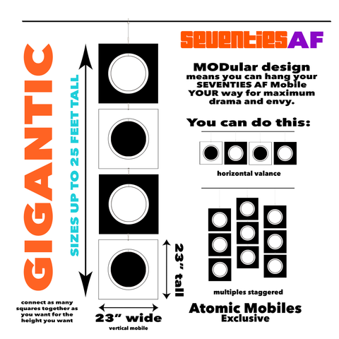 Ejemplos de colgado y tamaño para móviles artísticos colgantes retro SEVENTIES AF Groovy XL de AtomicMobiles.com