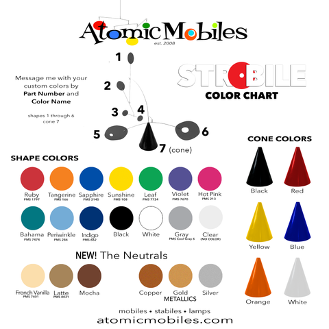 Tabla de colores para escultura de arte cinético Strobile de color personalizado estable de AtomicMobiles.com