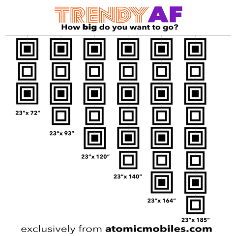 Tableau des tailles pour les mobiles d'art verticaux TRENDY AF XXL dans le style géométrique groovy Sixties par AtomicMobiles.com