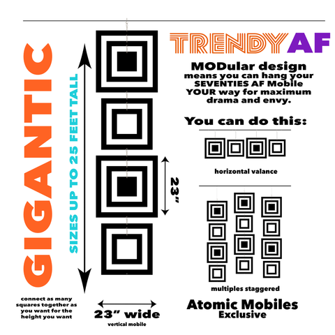 Schéma des tailles XXL pour les mobiles d'art suspendus TRENDY AF par AtomicMobiles.com